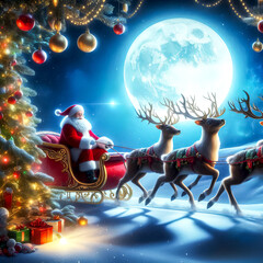 Santa Claus riding in a sleigh with gifts pulled by reindeer against the background of falling snow