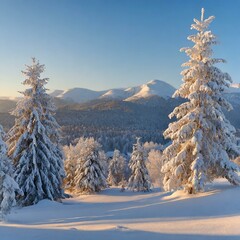 Malerische Winterlandschaft mit schneebedeckten Tannen und Bergen im Morgenlicht