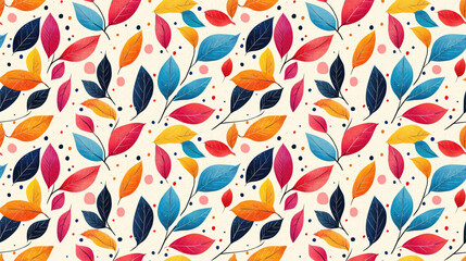Seamless floral leaf pattern with polka dots and abstract colorful lines ideal for fabric prints and home textiles