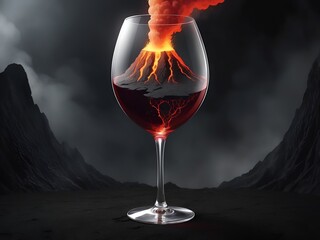 volcano in the wine glass in scary environment 