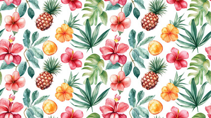 Thailand inspired seamless pattern featuring vibrant watercolor illustrations of traditional motifs and tropical elements