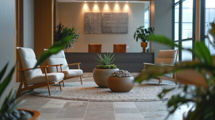 Fototapeta premium A calm and peaceful corporate space where employees practice mindfulness, meditation, and breathing exercises, helping to reduce stress and enhance focus in the workplace