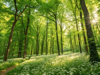 Obraz premium Lush Green Summer Forest Unfolds as a Vibrant Backdrop of Nature's Beauty and Tranquility