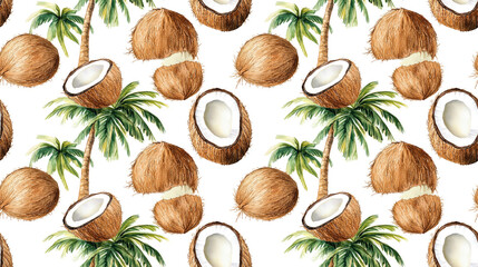 Watercolor seamless pattern of organic coconuts and palm trees on a white background perfect for kitchen designs and healthy eating menus food illustration
