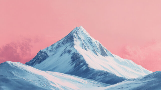 A stunning snow-capped mountain rises majestically against a soft pink sky, creating a breathtaking and artistic winter landscape full of serenity and awe.