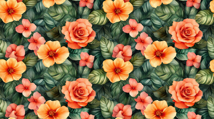 Seamless watercolor floral pattern featuring a vibrant bouquet of tropical roses perfect for wedding invitations