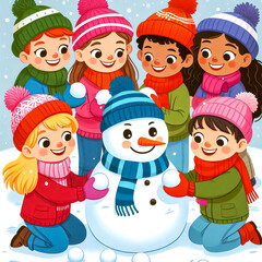 children making snowman, children playing with snowman, Holiday Season, Christmas time.