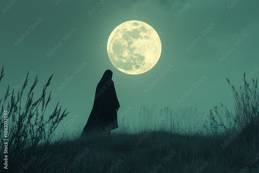 Poster mysterious witch standing in a field with long cloak flowing in the wind under a full moon