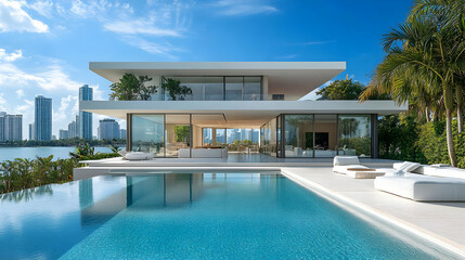 Fototapeta premium Modern Home with Swimming Pool and City Skyline Photo