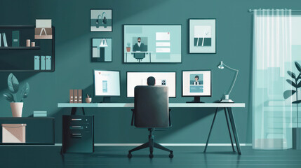 Fototapeta premium A sleek home office setup with modern tech, employees participating in video conferences and virtual team collaboration, representing the efficiency and professionalism of corporate remote work