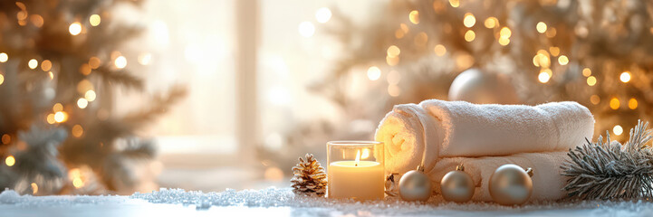 flat lay of spa and massage product, spa accessories, white towel and candle, spa salt, aroma oil decorated by Christmas ornaments. bright light, minimal style banner with, copy space