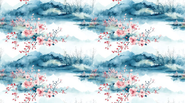 Seamless watercolor floral pattern depicting a serene landscape ideal for wedding invitations and decor