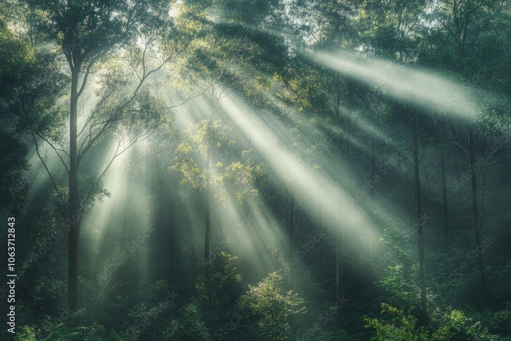 Poster sunbeams filtering through lush forest canopy creating ethereal atmosphere