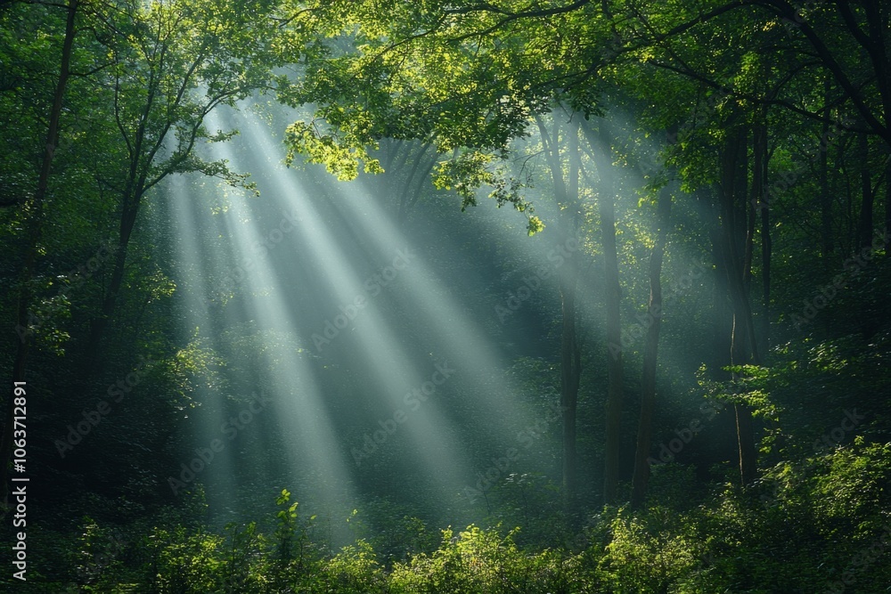 Aufkleber sunbeams filtering through lush forest canopy creating ethereal atmosphere