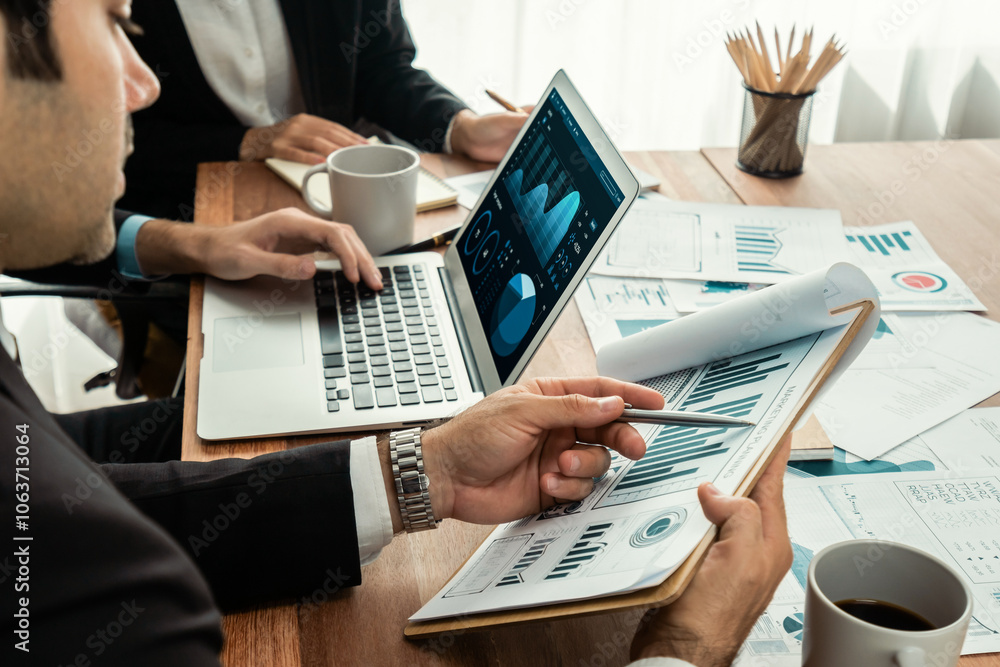 Poster financial data analysis dashboard by fintech bi or business intelligence display on laptop and table