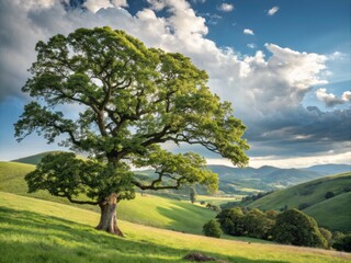 Obraz premium Majestic Oak Tree Illustration in Vibrant Colors Set Against a Bright Sunlit Background Landscape