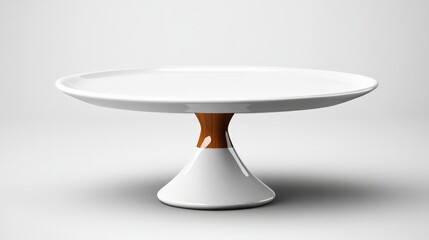 Elegant Cake Stand: A pristine white porcelain cake stand with a stylish brown wooden base. Perfect for showcasing delectable desserts or elegant centerpieces.  