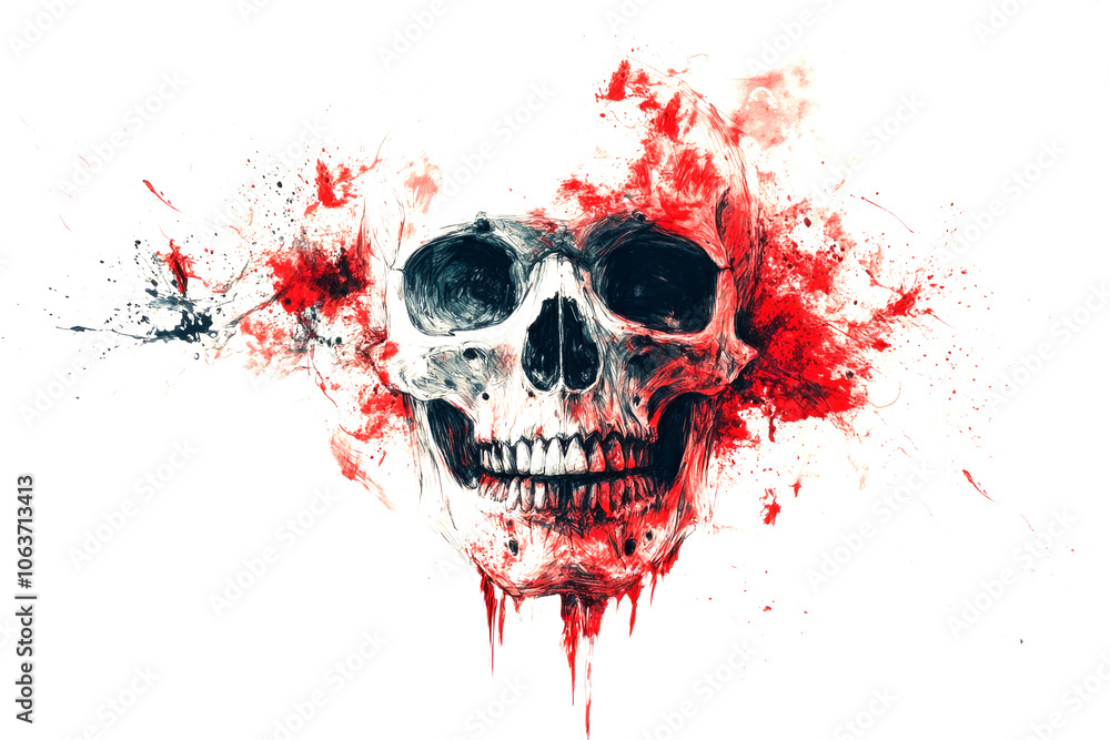 Poster skull exploding with red and black paint splatter on white background