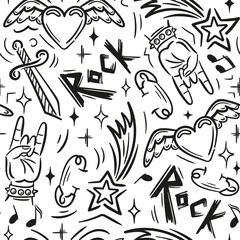 Seamless pattern with hard rock attributes. Informal subculture, freak. Sketch drawing, doodle style. Heavy metal, Music. For music festival, wallpaper, fabric, wrapping, background