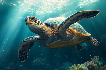 Obraz premium Sea turtle swimming in the ocean over a coral reef
