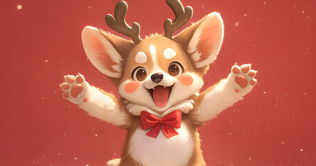 Naklejka premium Cute Reindeer Puppy with Red Bow.