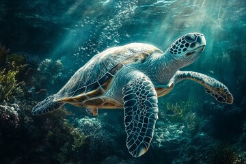 Sea turtle swimming in the ocean near coral reef