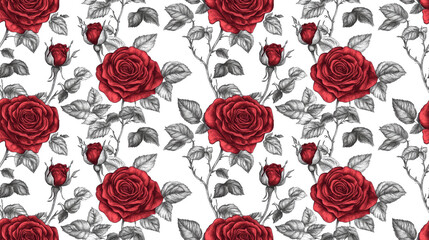 Seamless pattern of intricately drawn beautiful roses on a clean white background ideal for fabric and wallpaper designs perfect for Valentine s Day decor