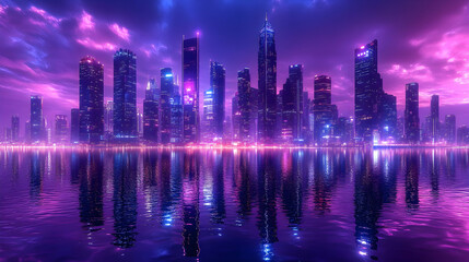 Fototapeta premium Neon Cityscape Reflection - Digital Illustration