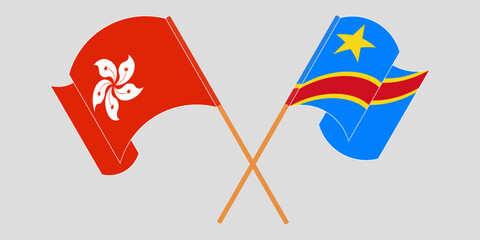 Crossed and waving flags of Hong Kong and Democratic Republic of the Congo. Vector illustration