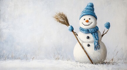Happy Snowman with Blue Hat and Scarf in Winter Landscape Painting