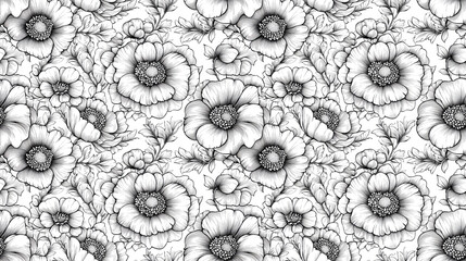 Seamless floral pattern featuring intricate flower designs and botanical illustrations perfect for coloring pages and creative projects