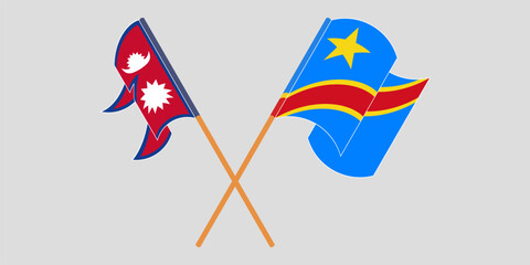 Crossed and waving flags of Nepal and Democratic Republic of the Congo. Vector illustration