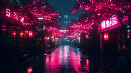 Obraz premium Rainy Night Cityscape with Neon Lights Illustration