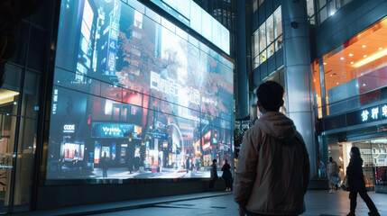Digital advertising on a massive screen in a commercial area, showcasing product launches with interactive features and AR elements for deeper customer engagement