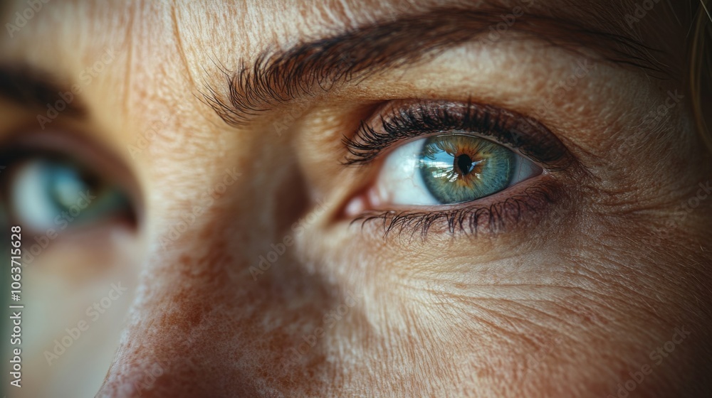 Poster a captivating close-up of an eye reveals the vivid blue iris with intricate patterns. the natural li