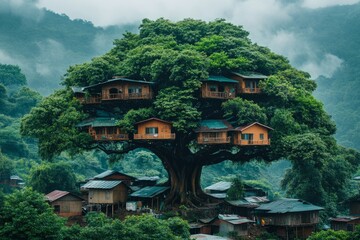 Fototapeta premium Wooden treehouses standing in lush green forest creating a fairytale village
