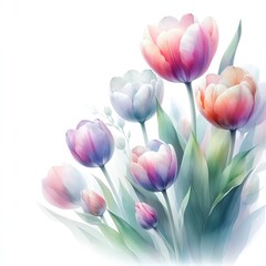 흰 배경, 오로라 색상의 튤립, 수채화 (white background, aurora color Tulip, water colour)