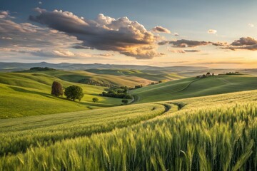 Obraz premium Serene Green Wheat Fields in Rolling Hills Under a Clear Sky for Tranquil Nature Imagery
