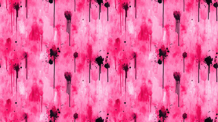 Bright pink seamless tie dye pattern with light acrylic drips and black tie dye ornaments perfect for Valentine themed design projects watercolor art abstract brushstroke texture