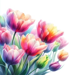 Fototapeta premium 흰 배경, 오로라 색상의 튤립, 수채화 (white background, aurora color Tulip, water colour)