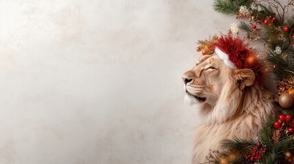 A regal lion stands proudly wearing a festive Santa hat and surrounded by a decorative Christmas wreath, embodying strength and holiday spirit in a vibrant setting.