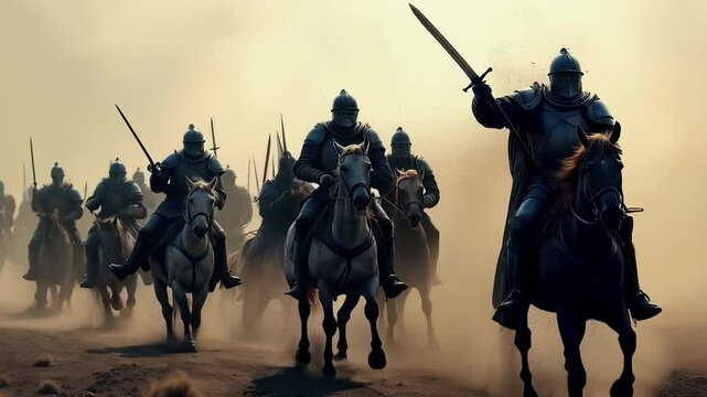 Experience the thrilling intensity of a cavalry charge with armored knights on horseback, spears in hand, galloping forward amid a cloud of dust. Ideal for historical, medieval, and fantasy themes.