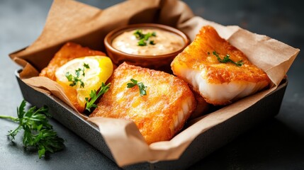 Crispy golden fried fish served with a slice of lemon and a creamy dipping sauce, garnished with fresh parsley for an appetizing visual appeal.