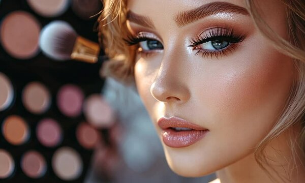 A close-up of a woman's face showcasing makeup application and beauty aesthetics.