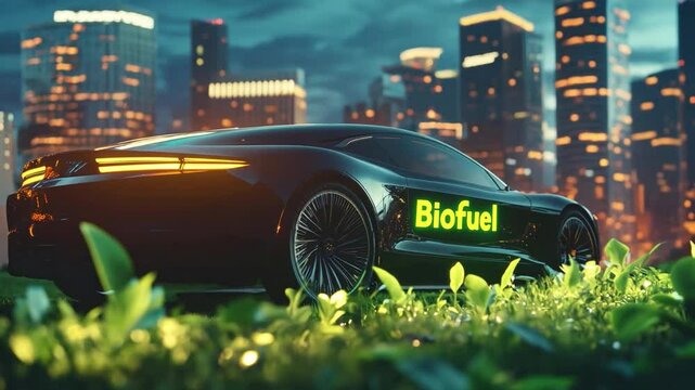 Futuristic biofuel car parked among greenery with a city skyline at twilight