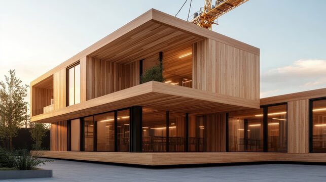 A modern wooden building with sleek lines is under construction against a sunset backdrop, conveying progress, innovation in architecture, and sustainable design.