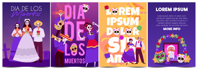 Flat vector set of flyers dedicated to the Dia de los Muertos Festival.