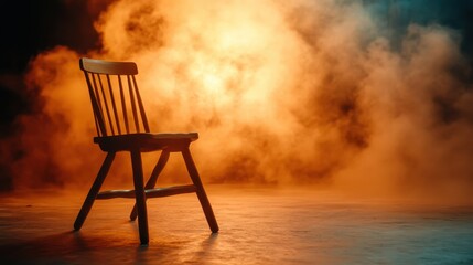 A solitary wooden chair is positioned thoughtfully within a smoky, warm-hued environment, evoking feelings of nostalgia, introspection, and timelessness.