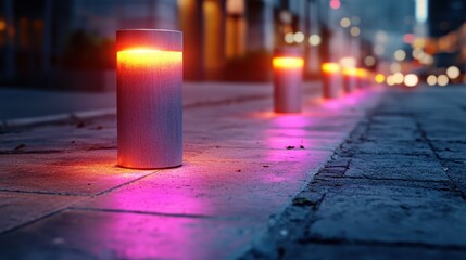 Stylized urban scene with luminous cylindrical lights casting vibrant pink and orange hues on the city sidewalk, creating a modern and atmospheric backdrop.