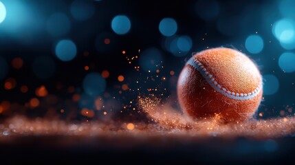A vibrantly textured tennis ball captured mid-movement with dynamic sparks and an artistic blue backdrop, portraying the fun and agility of tennis play.